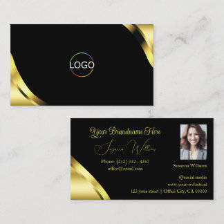 Cartão De Visita Cantos Dourados de Luxo em Preto com Logotipo e Fo