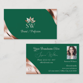 Cartão De Visita Cantos em Rosa Dourado Verde Mar com Foto Monogram