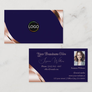 Cartão De Visita Cantos em Rose Gold em Azul Escuro com Logotipo e 