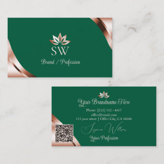 Cartão De Visita Cantos em Rose Gold Verde Mar Monograma e Código Q