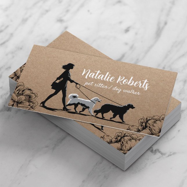 Cartão De Visita Cão Walker Pet Sitter Girl & Dogs Rustic Kraft (Criador carregado)