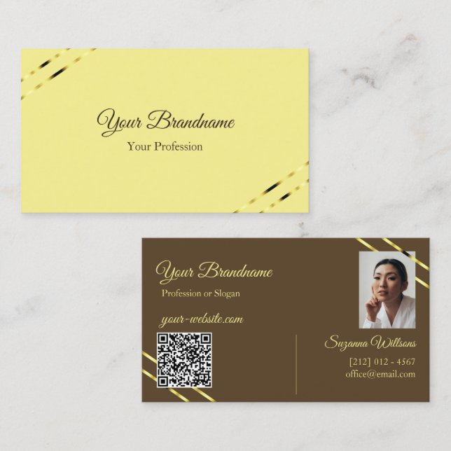 Cartão De Visita Cappuccino Bege Linhas Douradas com Foto e Código  (Frente/Verso)