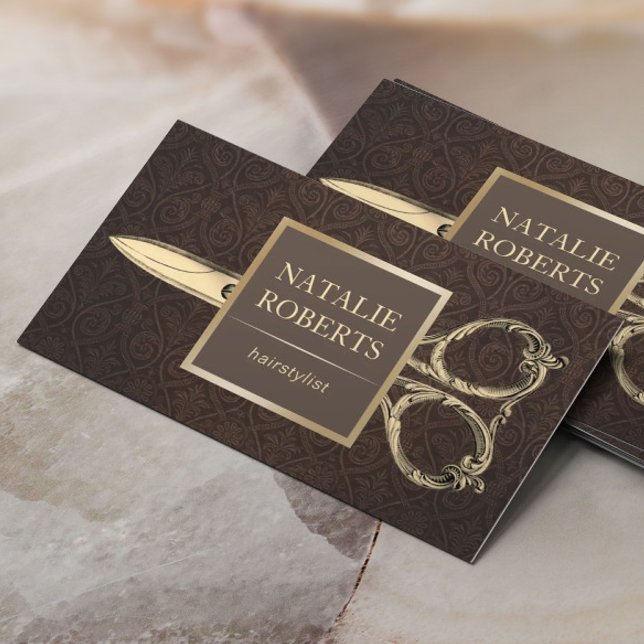 Cartão De Visita Carimbo Dourado de Tesoura com Stylist (Criador carregado)