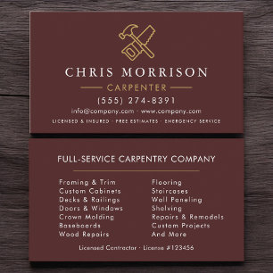 Cartão De Visita Carpinteiro Minimalista Burgundy Dourado Moderno