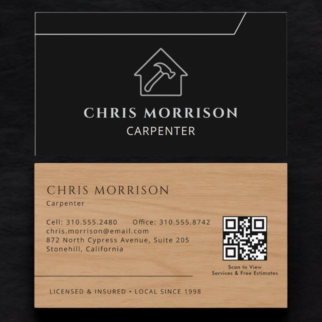 Cartão De Visita Carpinteiro Moderno Código QR em Madeira (Criador carregado)