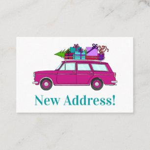 Cartão De Visita Carro roxo de novo endereço com presentes de Natal