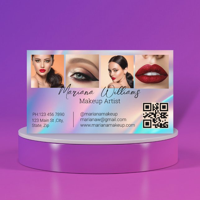 Cartão De Visita cartista holográfico qr makeup 4 fotos beleza (Criador carregado)