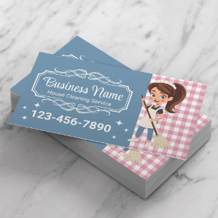 Cartão De Visita Cartoon do Serviço de Limpeza da Casa Azul e Rosa