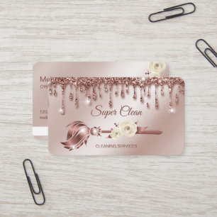 Cartão De Visita Casa de Limpeza com Espumante rosa a ouro Comercia