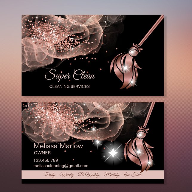 Cartão De Visita Casa de Limpeza com Espumante rosa a ouro Comercia (Criador carregado)