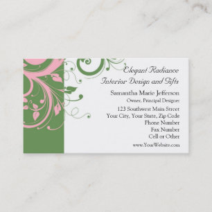Cartão De Visita Casamento com redemoinho floral rosa e verde