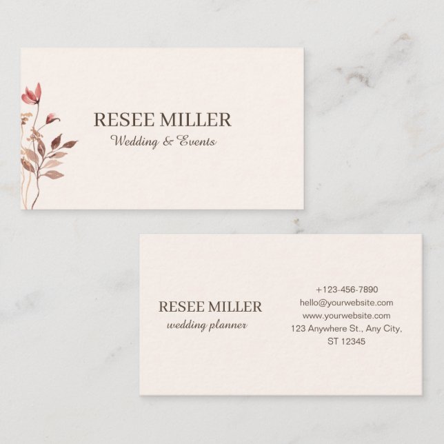 Cartão De Visita Casamento de Flores Simples de Aquarela Neutrais E (Frente/Verso)