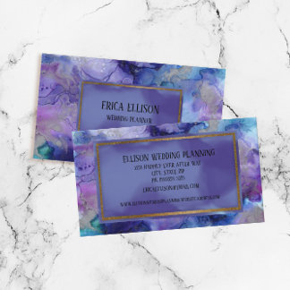 Cartão De Visita Casamento em Aquarela Azul Roxo Moderno e Elegante
