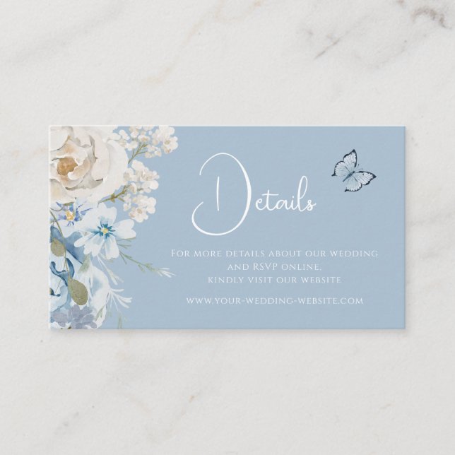 Cartão De Visita Casamento Romântico Dusty Blue Floral Detalhes (Frente)