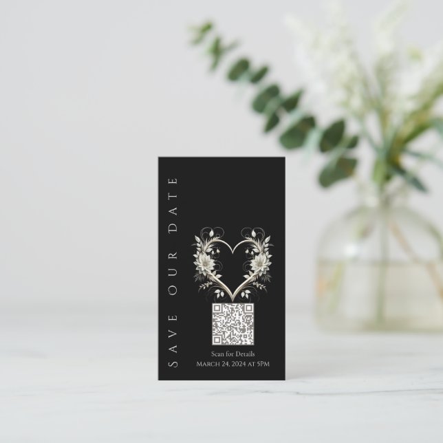 Cartão De Visita Casamento Salve a Data-código QR-Flores Brancas (Em pé/Frente)