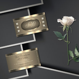 Cartão De Visita Castanho Dourado luxuoso com Pedras e Iniciais de 