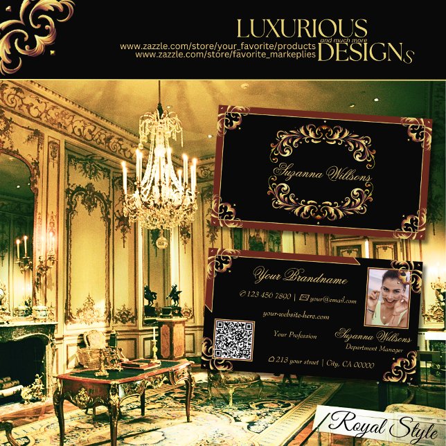 Cartão De Visita Castanho Negro Nobre Dourado com Código de Foto e  (Criador carregado)