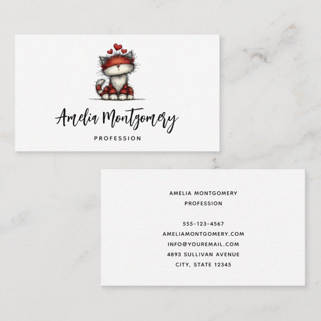 Cartão De Visita Cat with Red Love Hearts Cute and Funny (Frente/Verso)