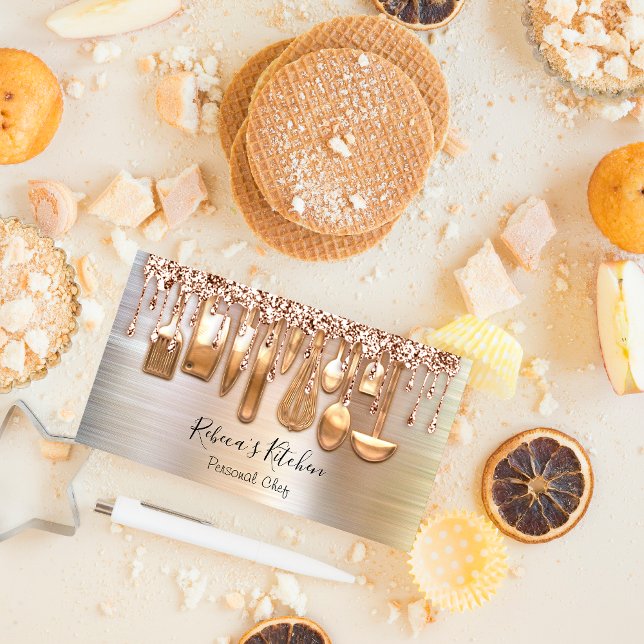 Cartão De Visita Catarina Personal Chef Kitchen Faces Rosa Dourado (Catering Personal Chef Kitchen Knifes Rose Gold Business Card)