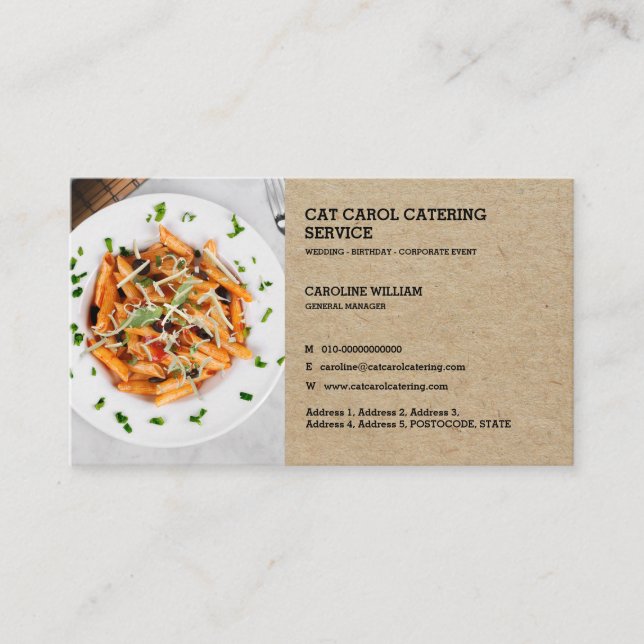 Cartão De Visita Catering de Comida Formal Personalizada Faux Kraft (Frente)