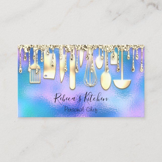 Cartão De Visita Catering Personal Chef Kitchen Faces Ouro Azul (Frente)