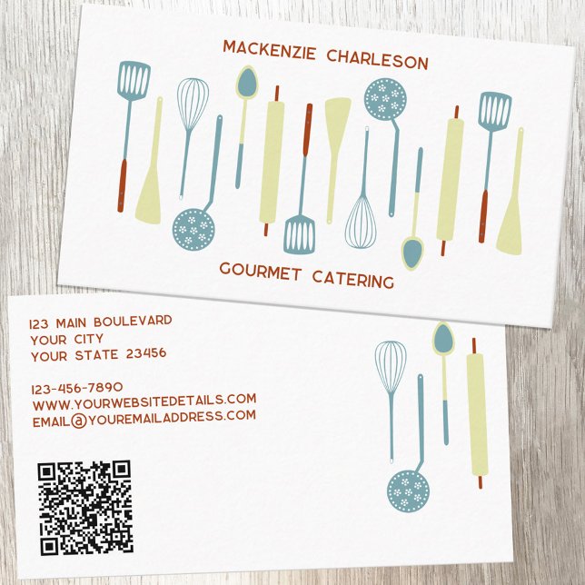 Cartão De Visita Catering Retro Kitchen Código QR (Retro kitchen utensils QR code catering cafe restaurant bakery custom business card)