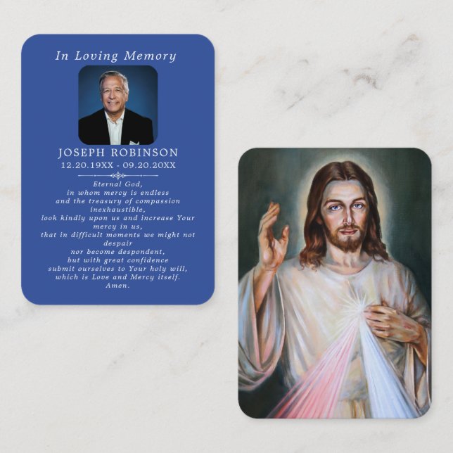 Cartão De Visita Catholic Jesus Divine Mercy Blue Prayer Card (Frente/Verso)