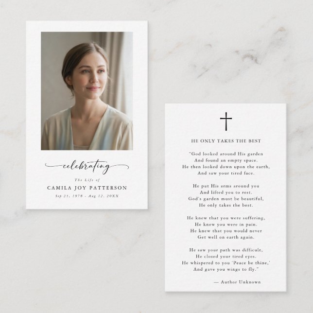 Cartão De Visita Celebrating Life Funeral Memorial Prayer Card (Frente/Verso)