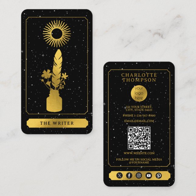 Cartão De Visita Celestial Tarot Logo Black Gold Writer Author (Frente/Verso)