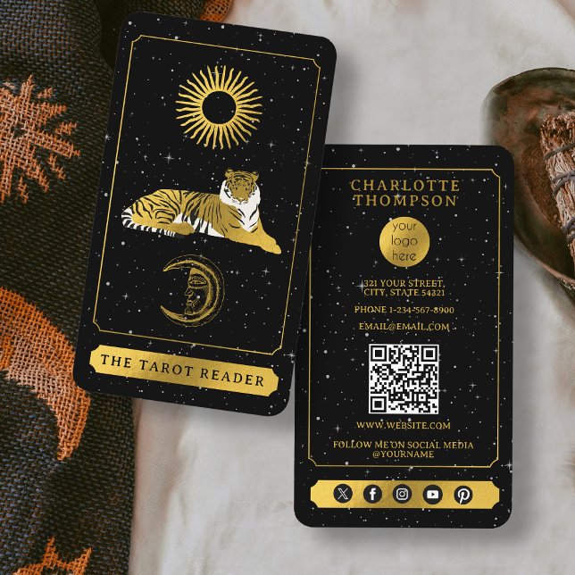 Cartão De Visita Celestial Tarot Reader Dourado Tiger Energy Healer (Celestial Tarot Reader Gold Tiger Energy Healer Business Card)