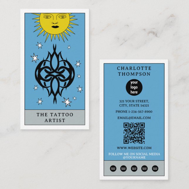 Cartão De Visita Celestial Tarot Sun Tattoo Artist Piercer Logo (Frente/Verso)
