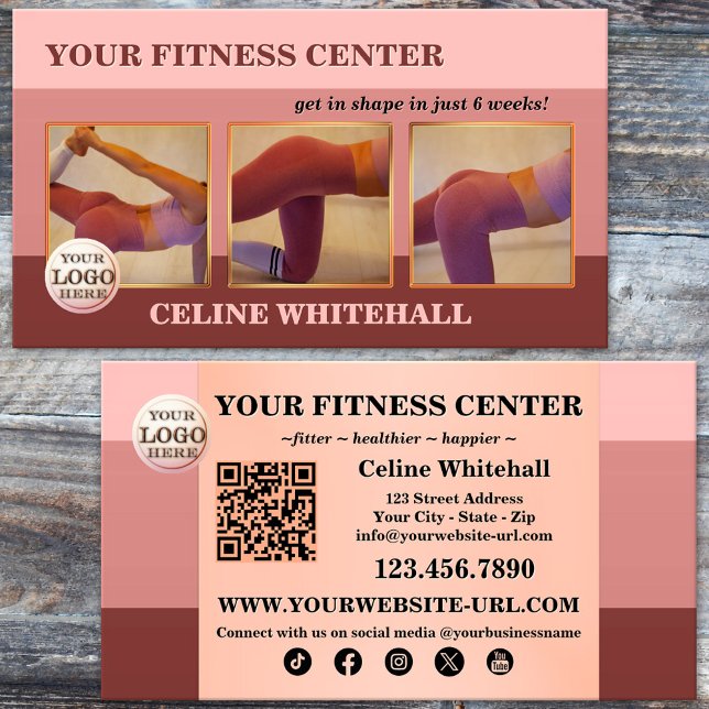 Cartão De Visita Centro de Malhação de Fotografias Rosa Profissiona (Professional fitness personal trainer business card featuring in elegant pink with warm earth tones)