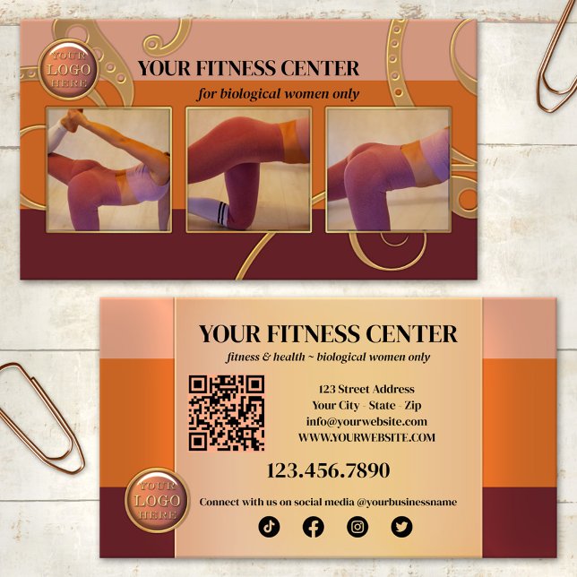 Cartão De Visita Centro de Malhações exclusivamente feminino (Business card in warm earth tones with your photos, QR code, logo and social media icons)