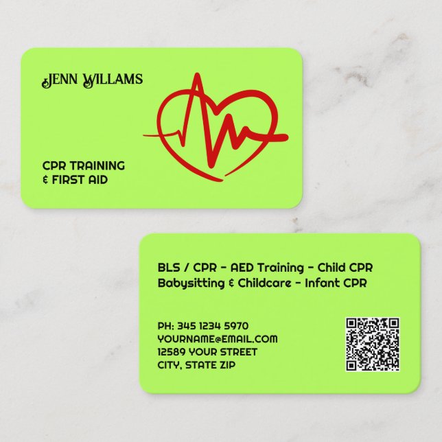 Cartão De Visita Certified CPR Instructor Custom QR (Frente/Verso)