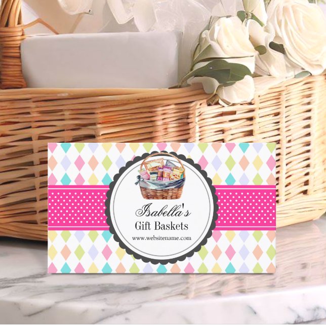 Cartão De Visita Cesta de Presente Colorida Festiva (Promote you gift basket business with this festive and colorful business card ready to be customized)