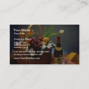 Cartão De Visita Cesto de piquenique amarelo com vinho, queijo, pã