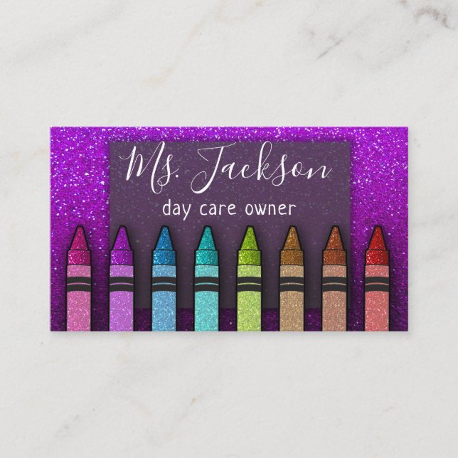 Cartão De Visita Chalkboard Teacher's Name Rainbow Glitter Crayons (Frente)