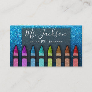 Cartão De Visita Chalkboard Teacher's Name Rainbow Glitter Crayons