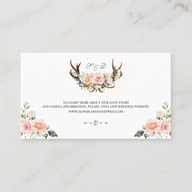 Cartão De Visita Charm Pink Blush Floral Antlers Casamento (Frente)