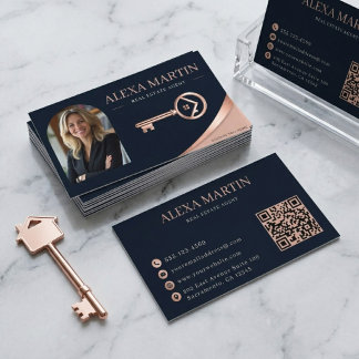 Cartão De Visita Chave de Ouro Rosa Foto QR Code Agente Imobiliário