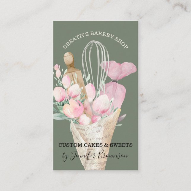 Cartão De Visita Chef de pastelaria Sage flores cor-de-rosa Boho pa (Frente)