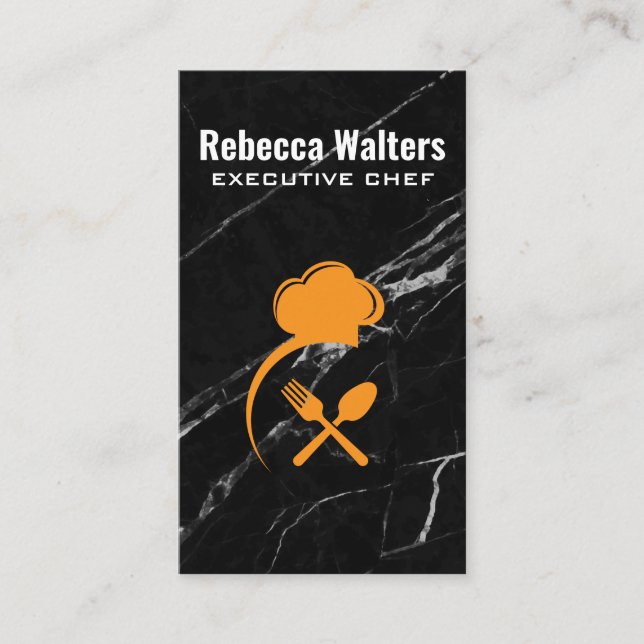 Cartão De Visita Chef Hat e Silverware | Mármore Preto (Frente)