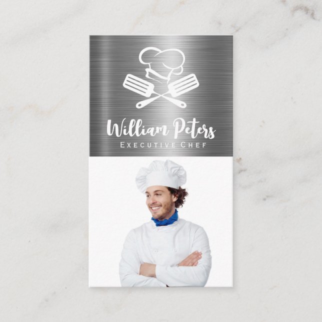 Cartão De Visita Chef | Logotipo culinário | Fundo metálico (Frente)