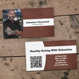 Cartão De Visita Chef Pessoal Código QR de Couro Marrom com Foto Pe