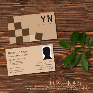 Cartão De Visita Chessboard Beige and Brown com Monograma e Foto