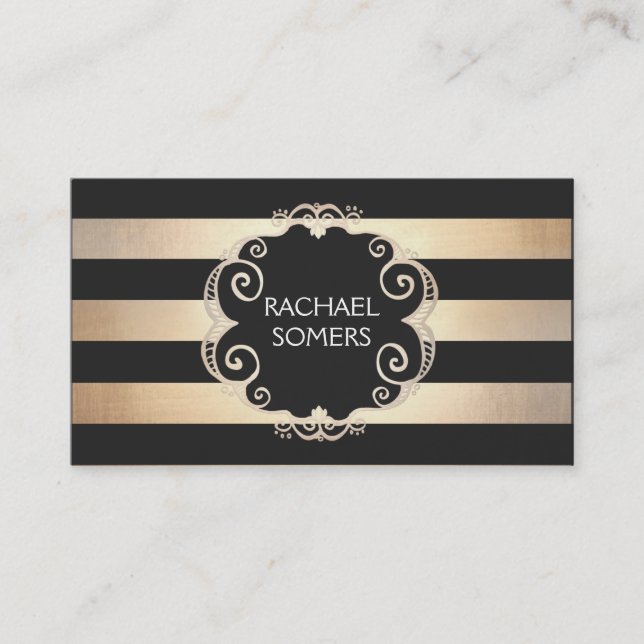 Cartão De Visita Chic Black e Dourado Striped Designer (sem brilho) (Frente)