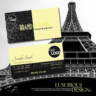 Cartão De Visita Chic Black Light Yellow Glitter Stars and Logo (Es