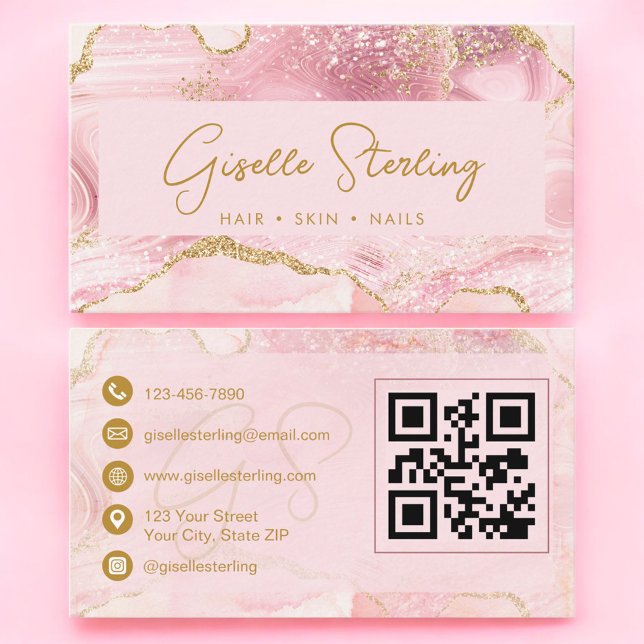 Cartão De Visita Chic Blush Rosa Ouro Ágata Mármore Código QR Luxo (Criador carregado)
