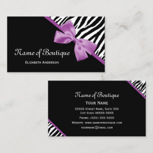 Cartão De Visita Chic Boutique Black and White Zebra Purple Ribbon