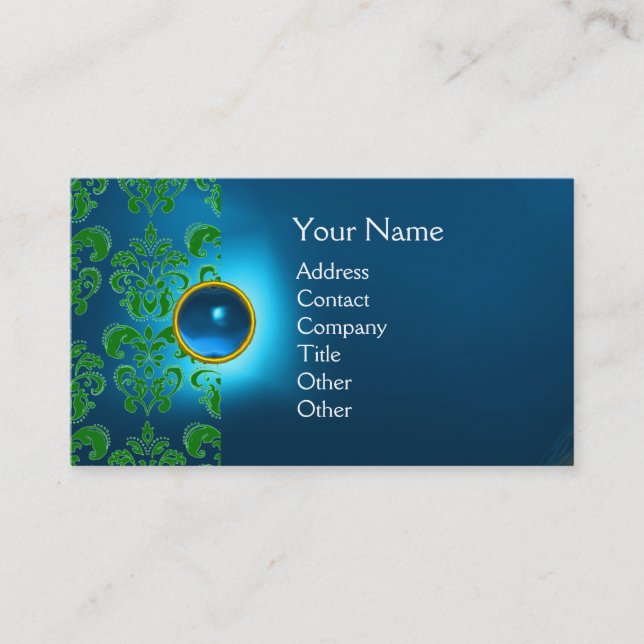 Cartão De Visita CHIC DAMASK GEM MONOGRAM azul verde (Frente)